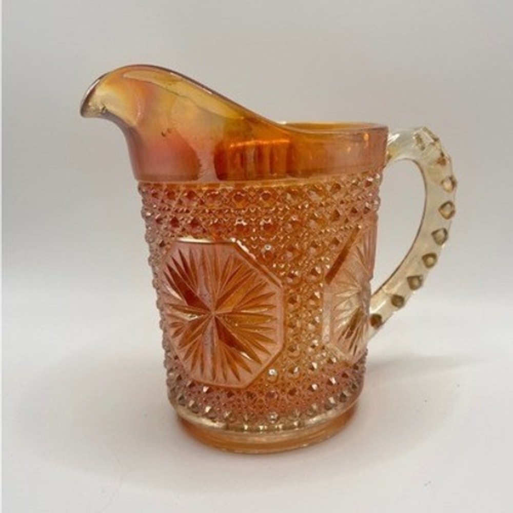 Vintage Fenton Marigold Carnival Glass Pitcher Hobstar Daisy Iridescent Orange